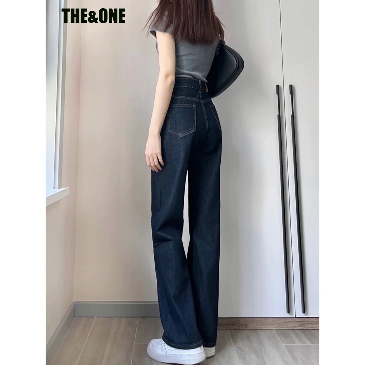 深蓝色直筒牛仔裤女2024秋季新款韩系宽松显瘦复古窄版阔腿拖地裤