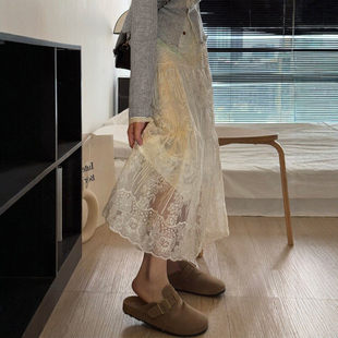 杏色蕾丝刺绣半身裙女夏季新款胖妹妹mm高腰遮胯显瘦中长款a字裙