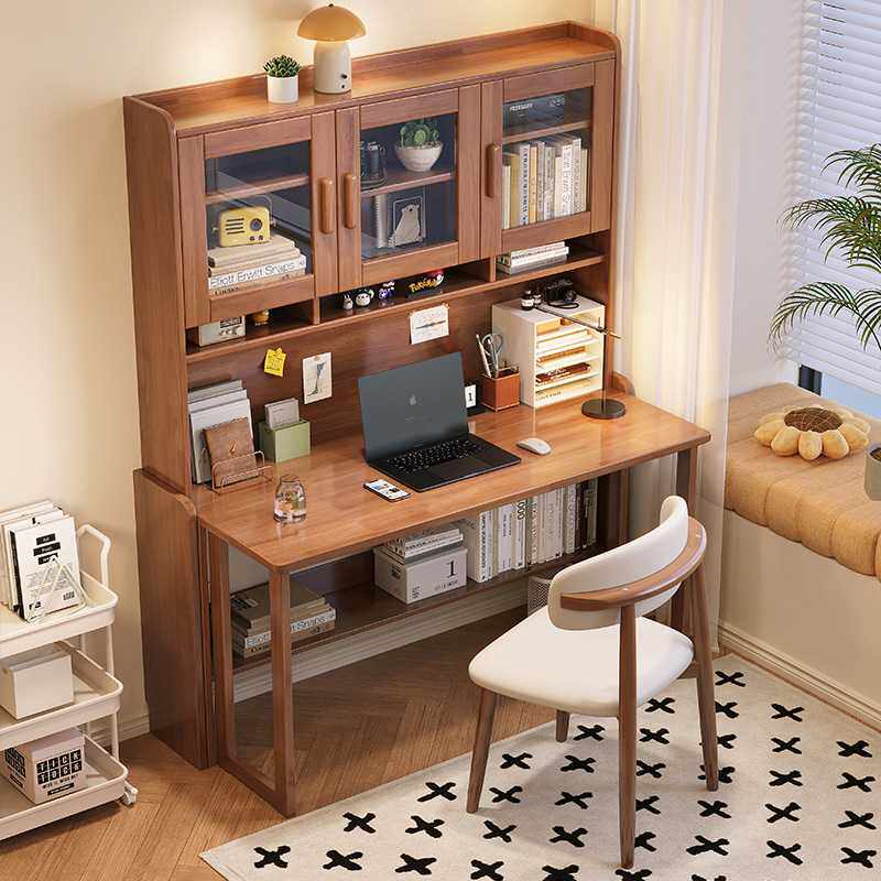 连体伸缩电脑桌卧室床边实木书柜一体简易办公学习桌北欧书桌折叠