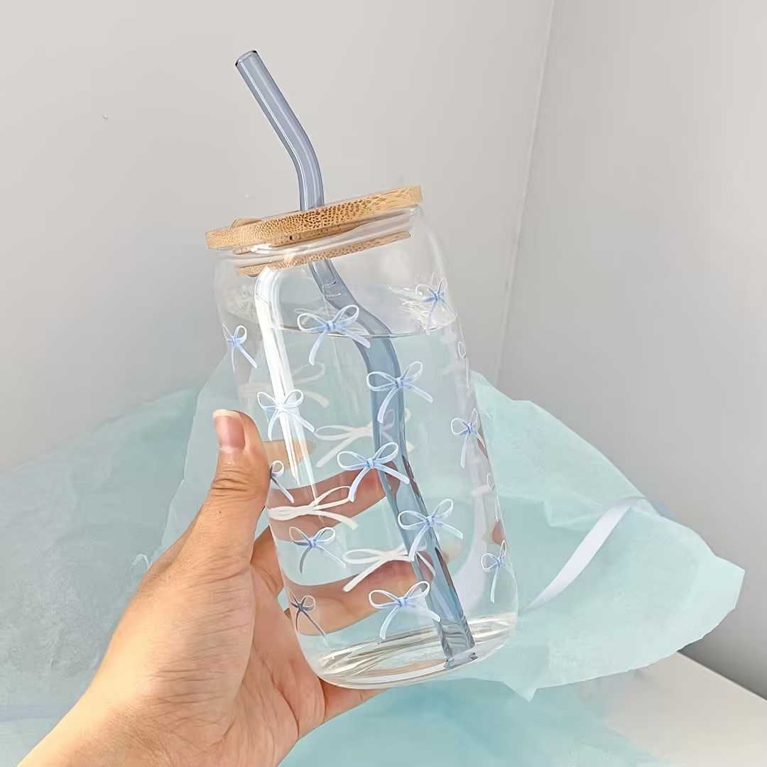 maneifurui·blue bows 印花蓝色蝴蝶结少女小清新可爱桌面玻璃杯