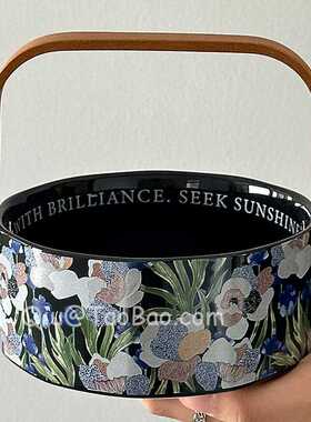 三秋Sanq复古黑色鸢尾花果篮零食摆放干果糖果托盘陶瓷手提水果篮