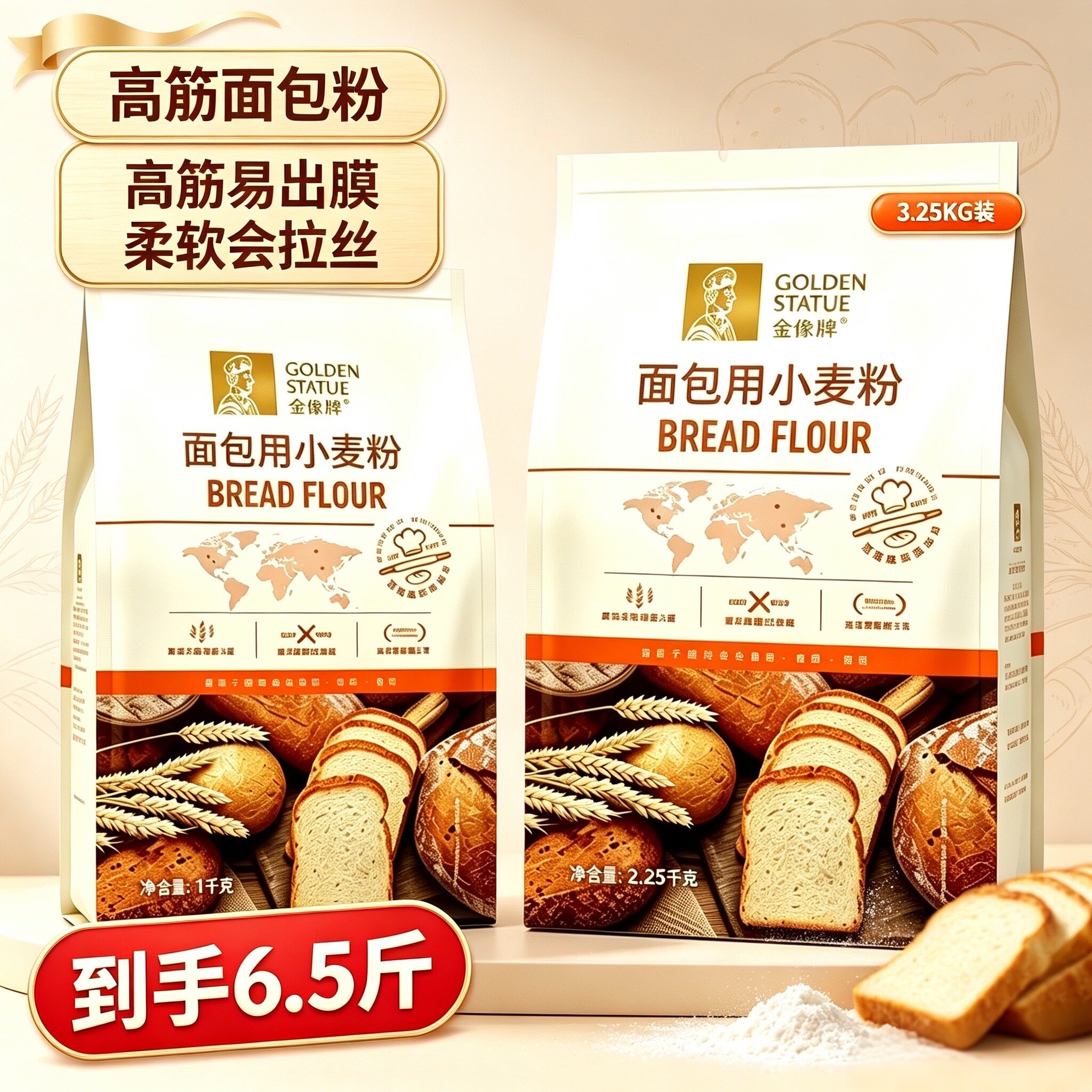金像牌高筋面粉3.25kg面包粉吐司粉家用烘焙原料面包机专用小麦粉