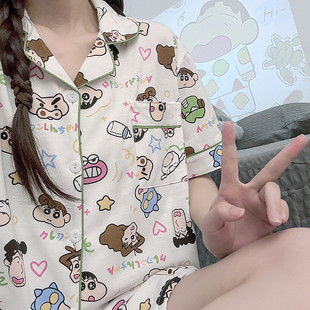 ins日系蜡笔小新睡衣女夏季 纯棉短袖 可爱卡通学生大码 家居服套装