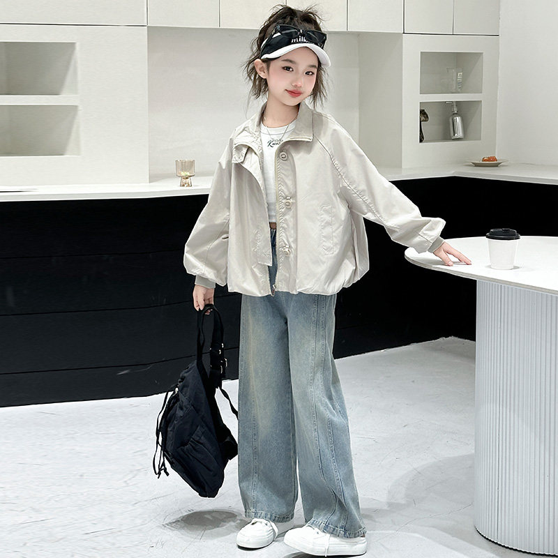 女童春秋季外套2025新款韩版洋派休闲 女孩春装冲锋衣牛仔裤两件