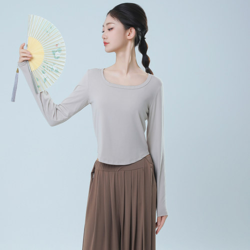 艾舞尔现代舞服新款纯欲风短款弧形U领长袖女上衣小个子古典舞服