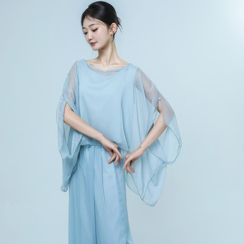 古典舞服身韵宽松假两件钉花网纱罩衫上衣形体服现代舞成人练功服