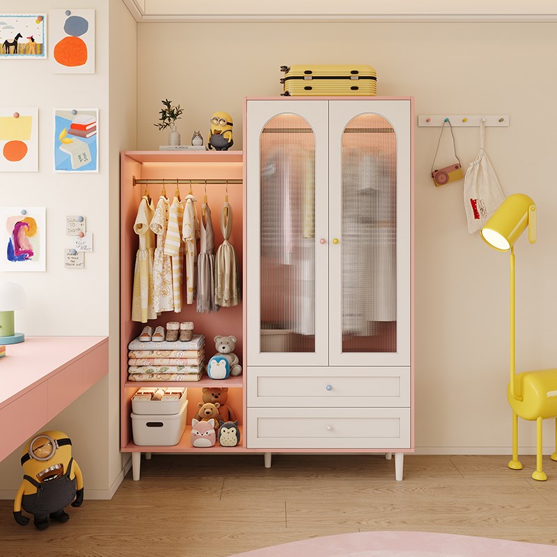 奶油风儿童衣柜床头m柜一体收纳储物柜小户型女孩衣帽柜宝宝衣橱
