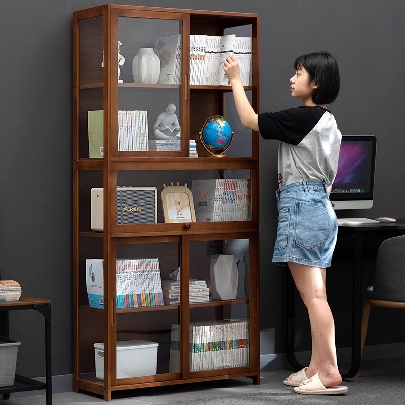 书柜现代简约带门防尘格子柜实木书架窄柜置物组合储物柜落地立柜