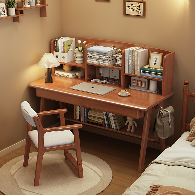 实木书桌书架一体简易电脑办公桌家用卧室床边中小学生学习书桌