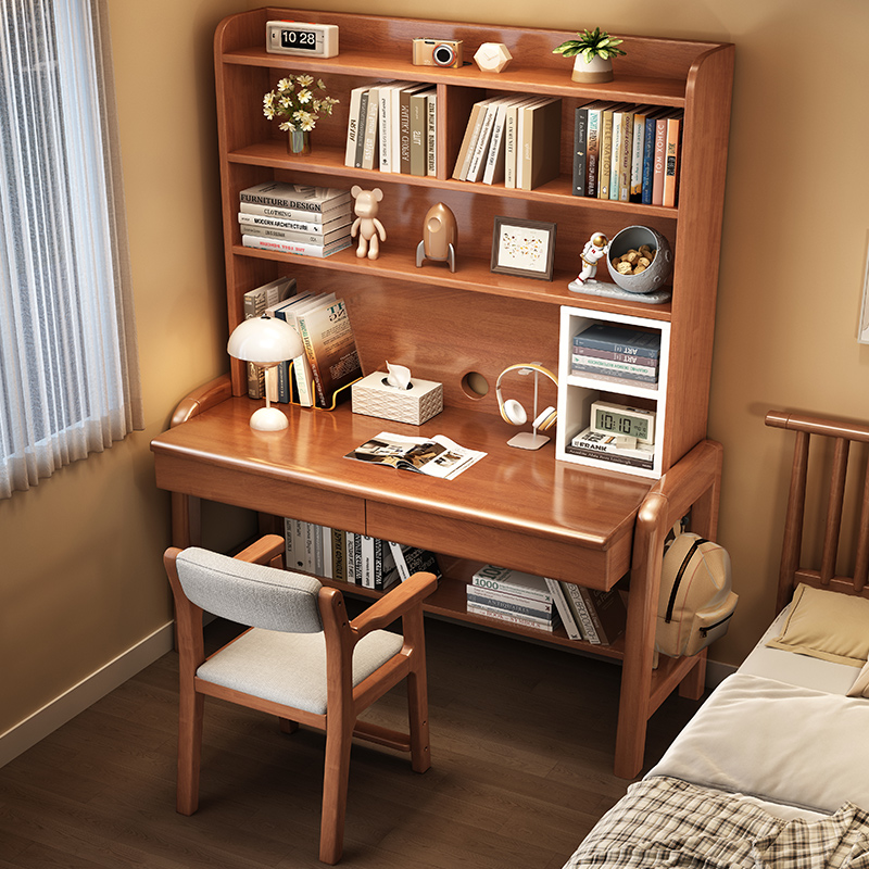 实木书桌书架组合一体桌简约家用台式电脑桌卧室床边学生书桌子