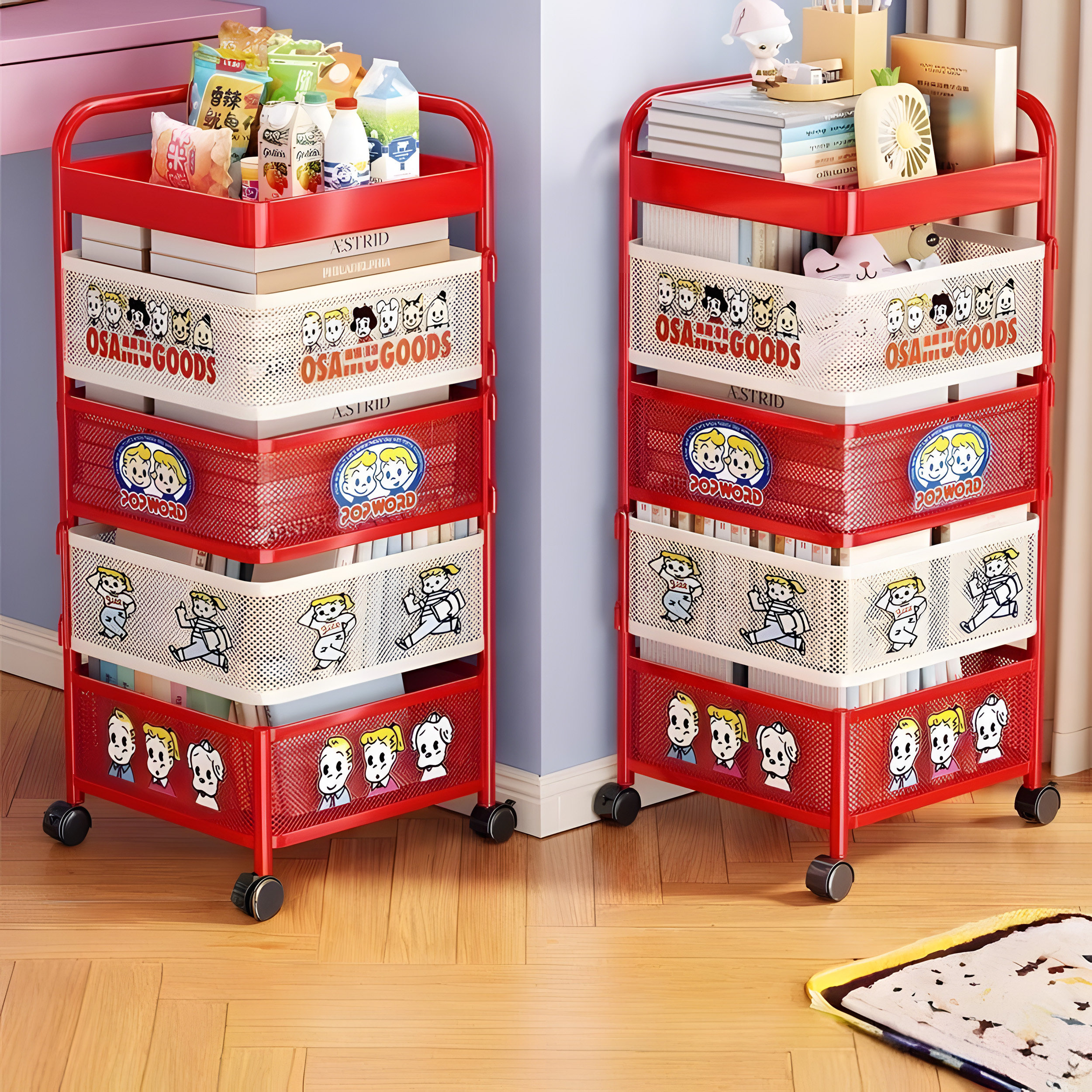 多层移动收纳架带轮置物架厨房家用卧室落地多巴胺储物书架小推车