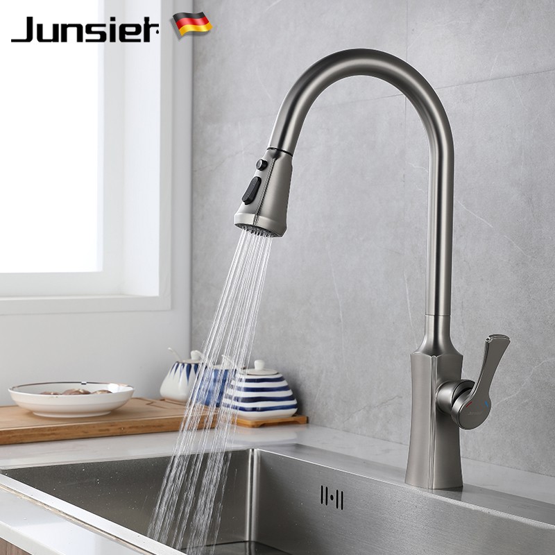 枪灰色抽拉伸缩厨房水龙头黑色冷热水洗菜盆水槽洗菜池防溅全铜