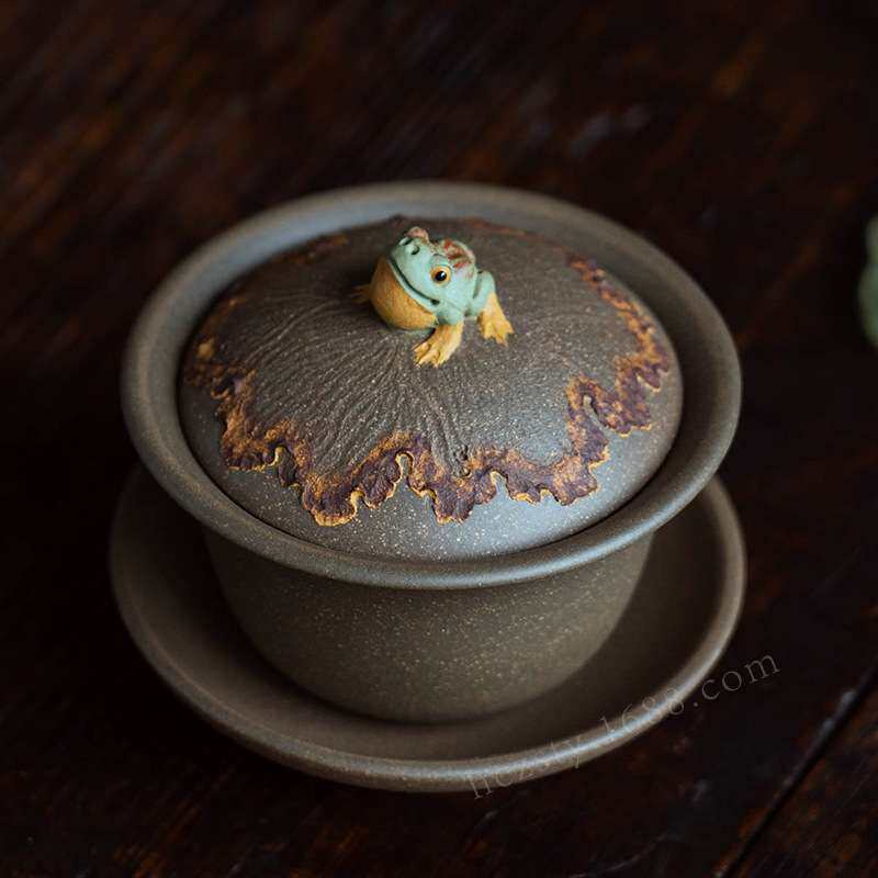 紫砂青蛙盖碗宜兴三才盖碗茶碗敬茶碗大茶杯蛙趣仿生茶具套装配件