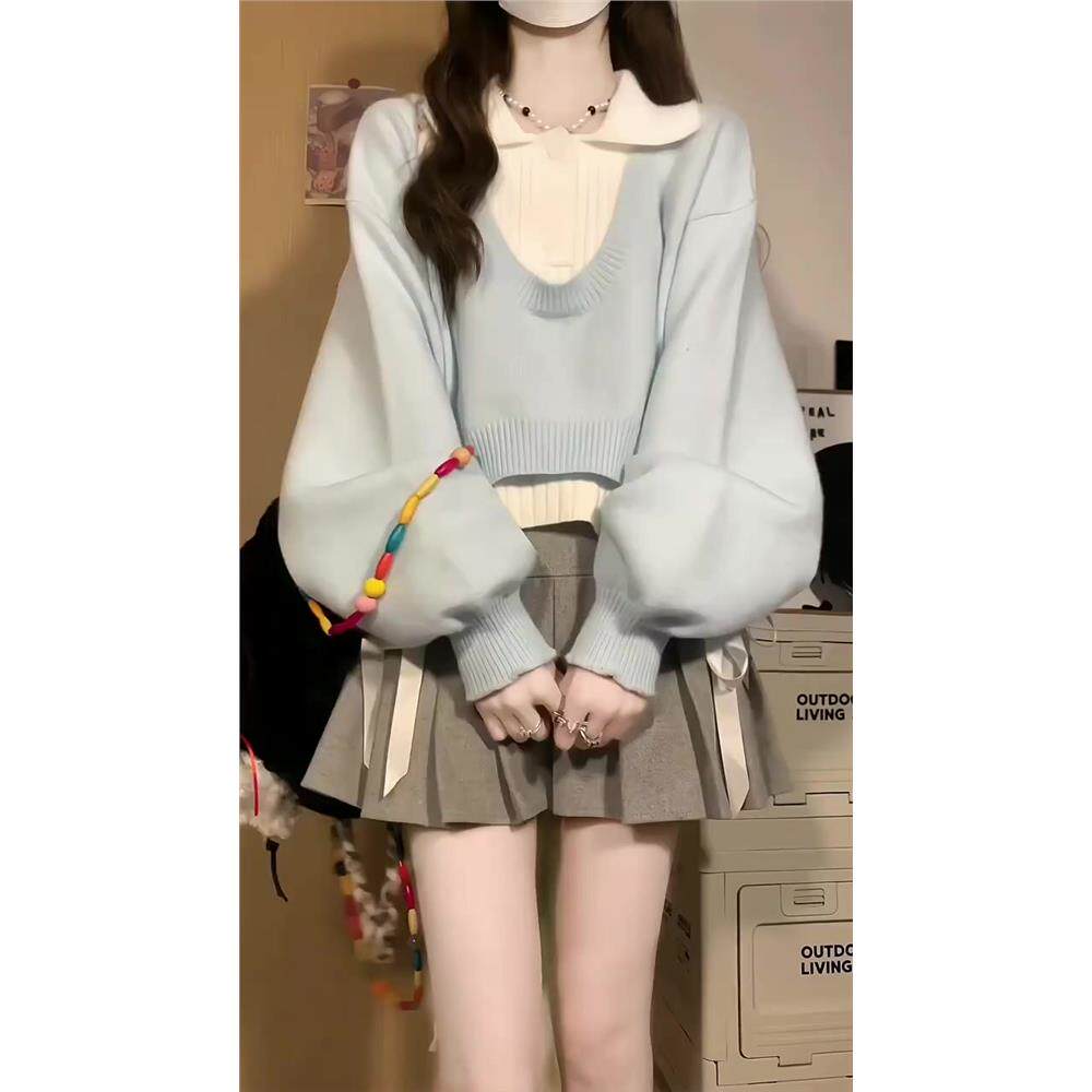 2025早春新套装韩系穿搭学院风两件套针织衫polo领上衣毛衣慵懒风