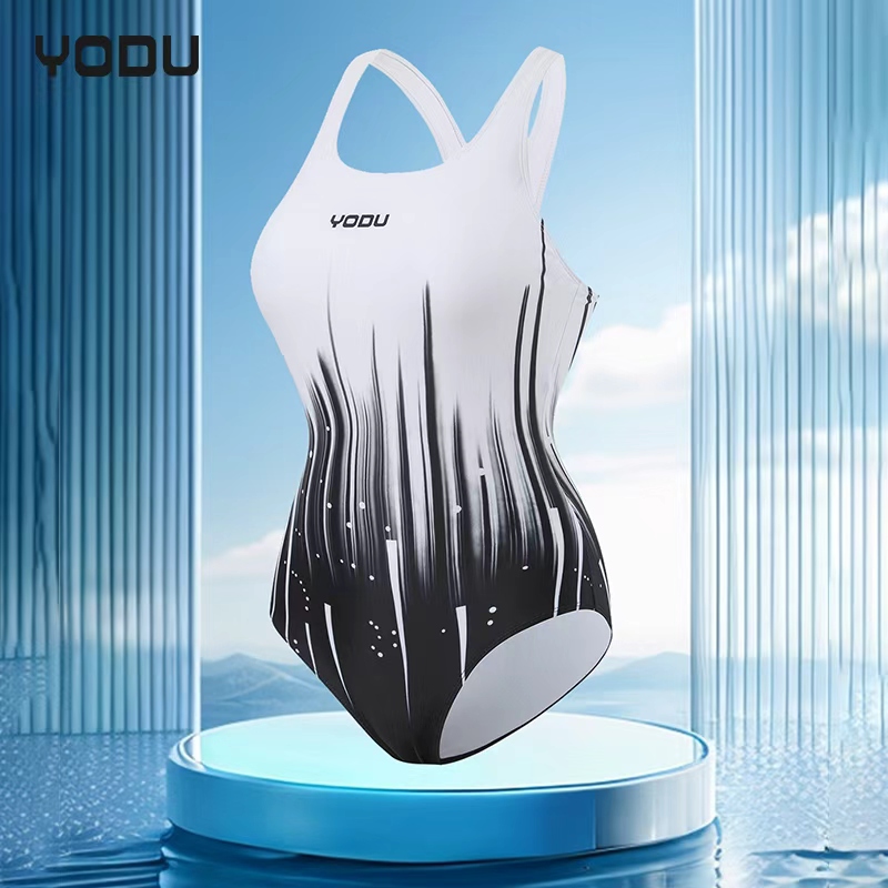 YODU泳都新款黑白撞色印花美背连体三角泳衣专业训练游泳竞技