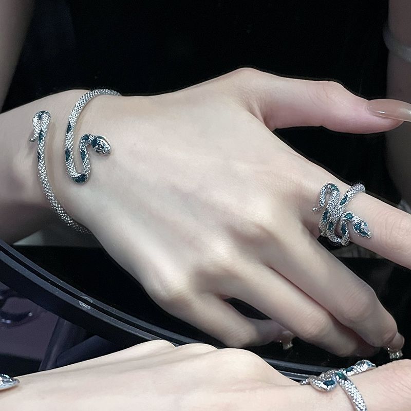 绿珐琅蛇形手镯开口戒指，小众设