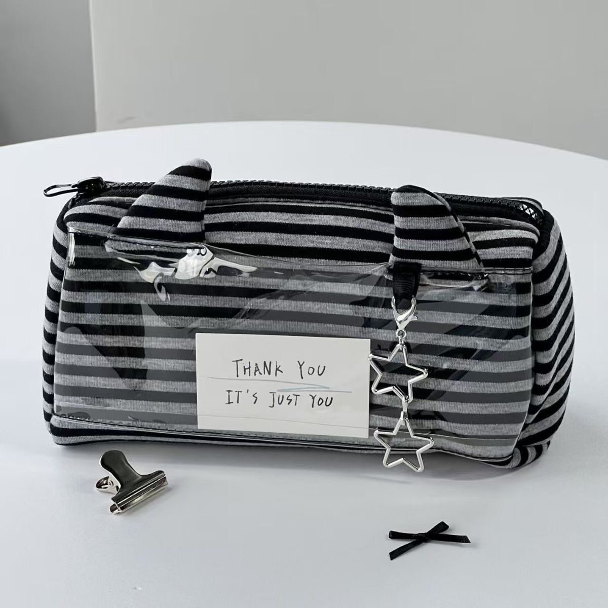 韩系小恶魔条纹痛包笔袋学生ins风高颜值大容量PVC铅笔盒文具袋