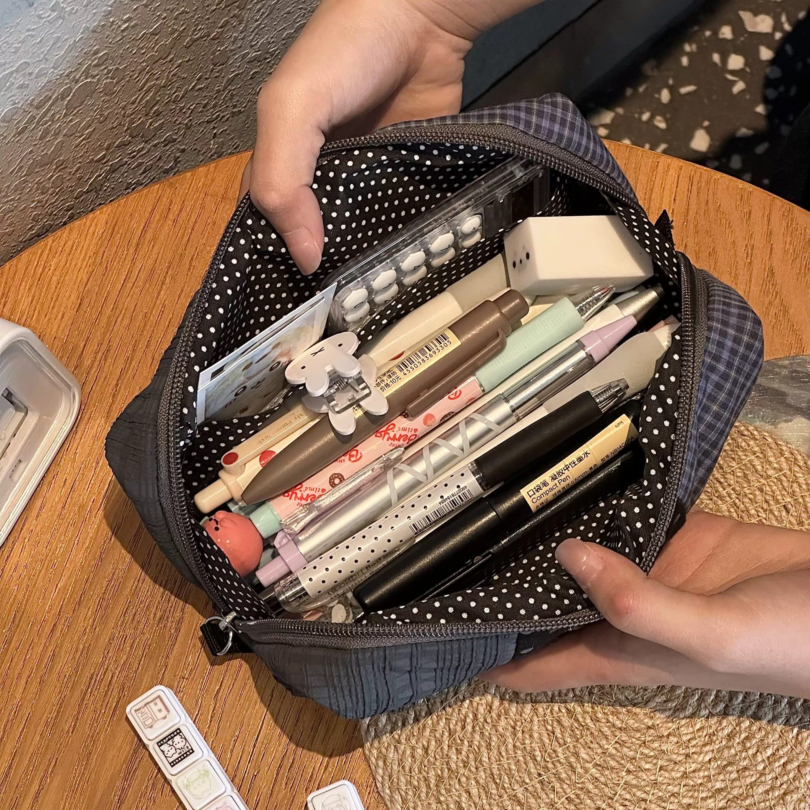 韩系波点条纹格子拼接撞色笔袋复古ins风高颜值大容量文具收纳袋