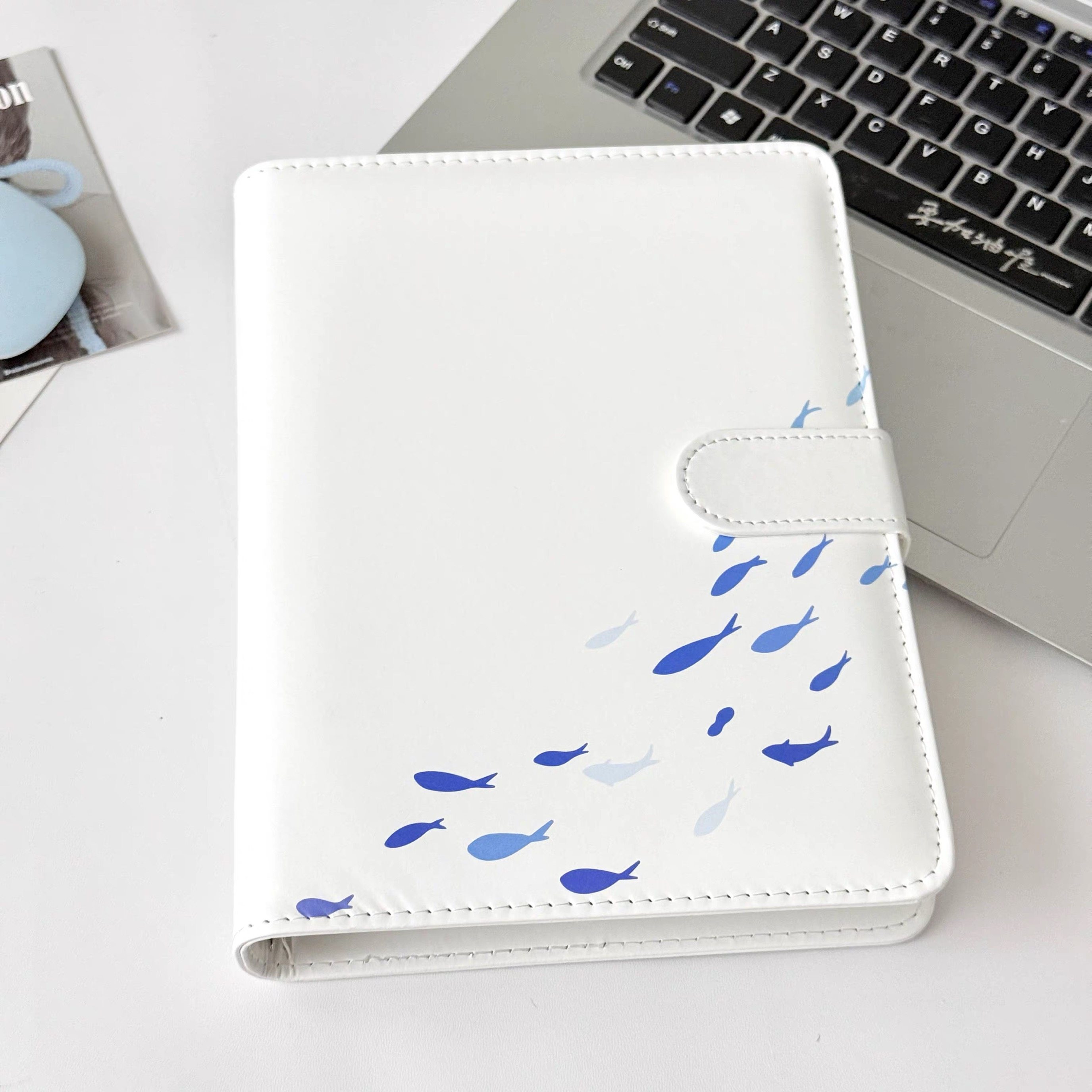 ins风蓝色鱼群A5皮面笔记本简约高颜值学生可拆卸活页日记手账本