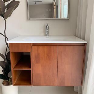 中古柚木色开放格复古浴室柜橡胶木烤漆可定制陶瓷一体盆古里卫浴