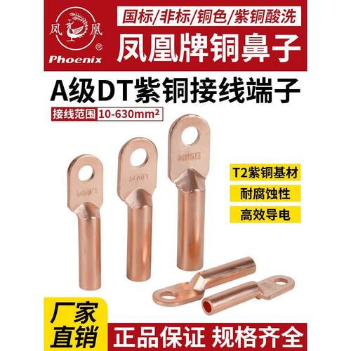 凤凰铜鼻子接线端子DT10/16/25/35/50/70平方铜接头紫铜线鼻子线