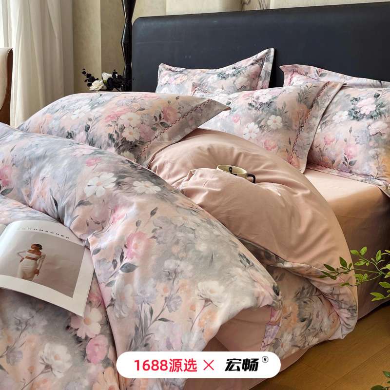 全棉加厚磨毛四件套秋冬保暖纯棉斜纹印花被套田园花卉床品套件