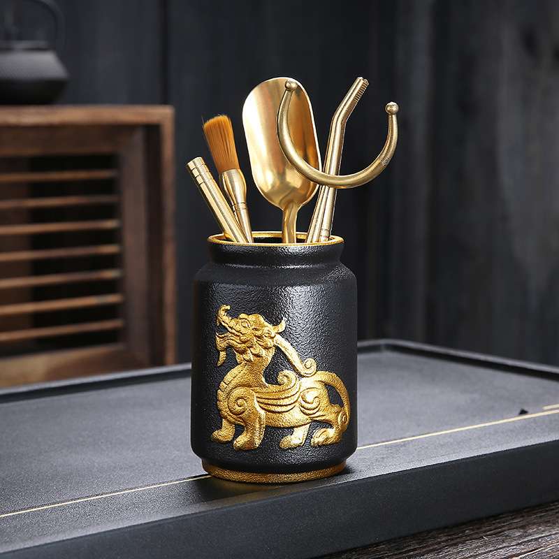 国风描金茶道六君子茶桌摆设插花瓶收纳笔筒茶艺泡茶用品配件