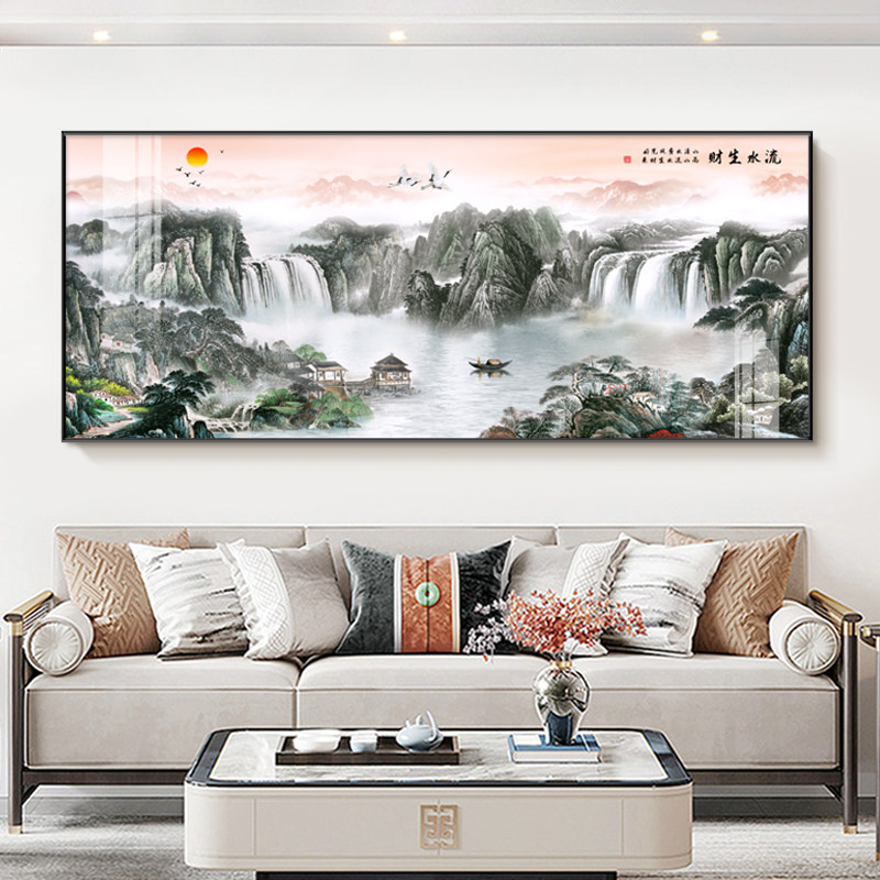 迎客松客厅沙发背景墙装饰画旭日东升办公室茶室字画山水风景壁画