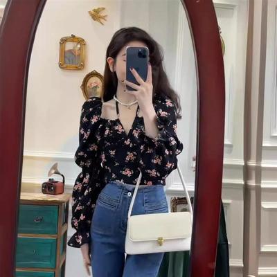 辣妹碎花欧美上衣方领欧美风法式短款性感秋冬薄款设计新款长袖