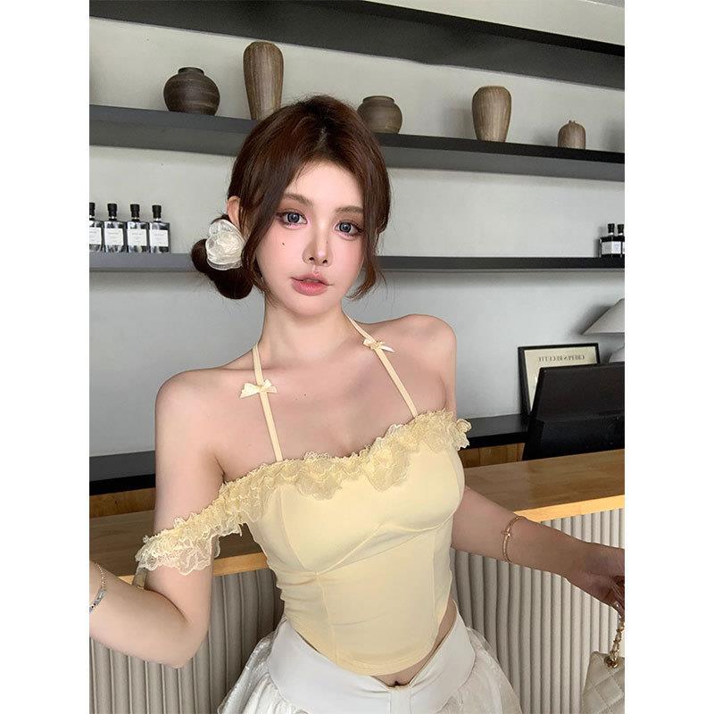 晨领蝴蝶结挂脖吊带背心女装修身辣妹蕾丝花边短款露背上