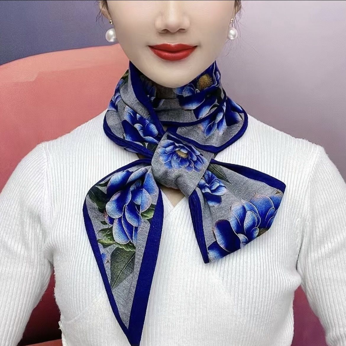 复古长条花卉围巾棉耳朵巾风丝巾螺纹新款民族彩色印花秋冬古韵巾