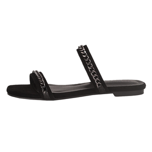 黑色女 2023新款 一字拖鞋 海边沙滩旅游金属链条平底时尚 外W穿拖鞋
