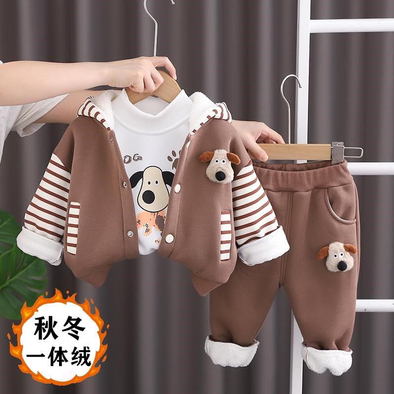 男童加绒套装宝宝秋冬季一t体绒三件套婴儿童洋气休闲棒球服冬装