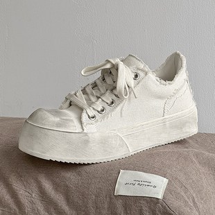 翘头帆布鞋男g女款厚底增高情侣2025新款做旧黑色大头韩版休闲板