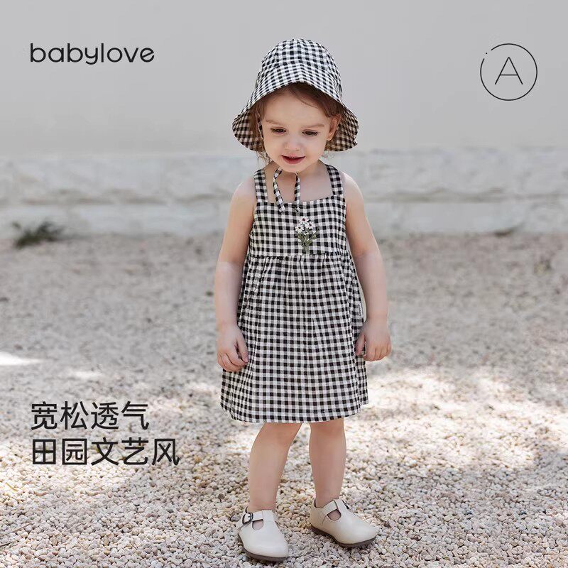 babylove女宝宝连衣裙夏季薄款吊带裙婴幼儿法式公主裙洋气格子裙