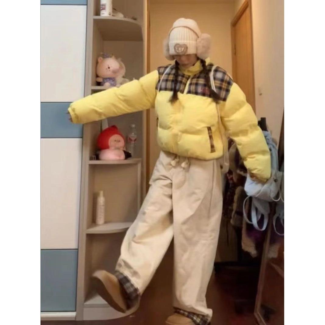 冬季新款韩版拼接格子立领棉服外套女保暖宽松百搭面包服棉衣女潮