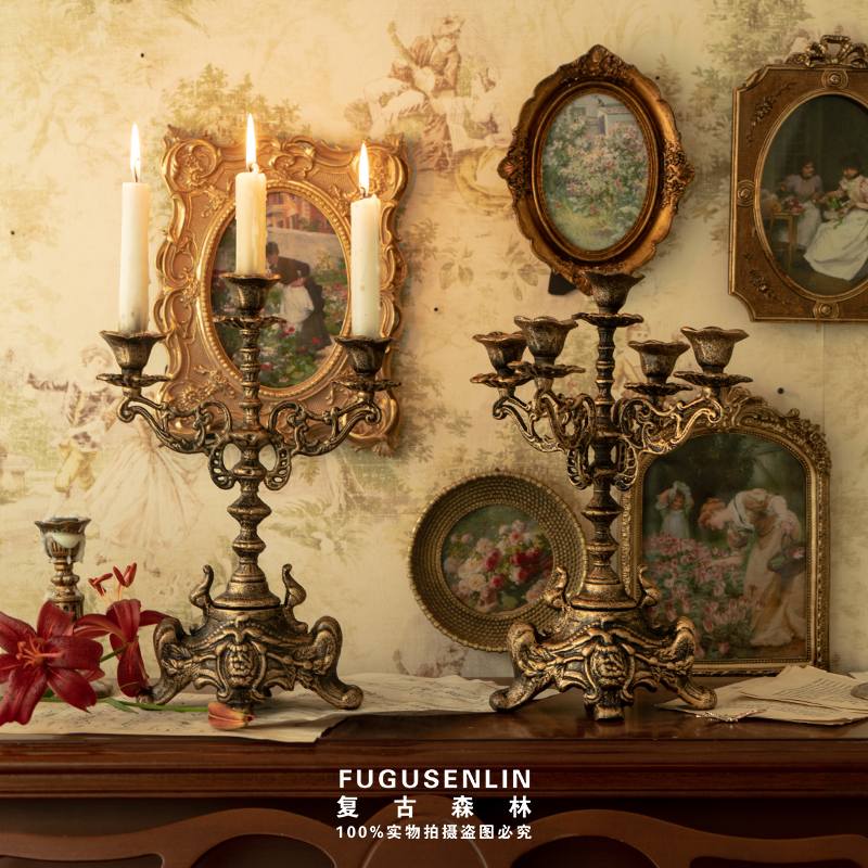复古森林欧式做旧仿铜三头五头铸铁烛台婚庆家居装饰道具蜡台摆件