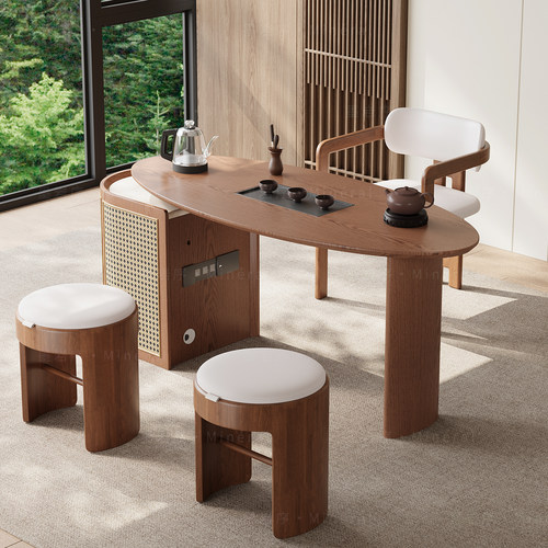 意式极简机理洞石岩板茶桌椅组合现代简约设计师茶台茶桌椅套装