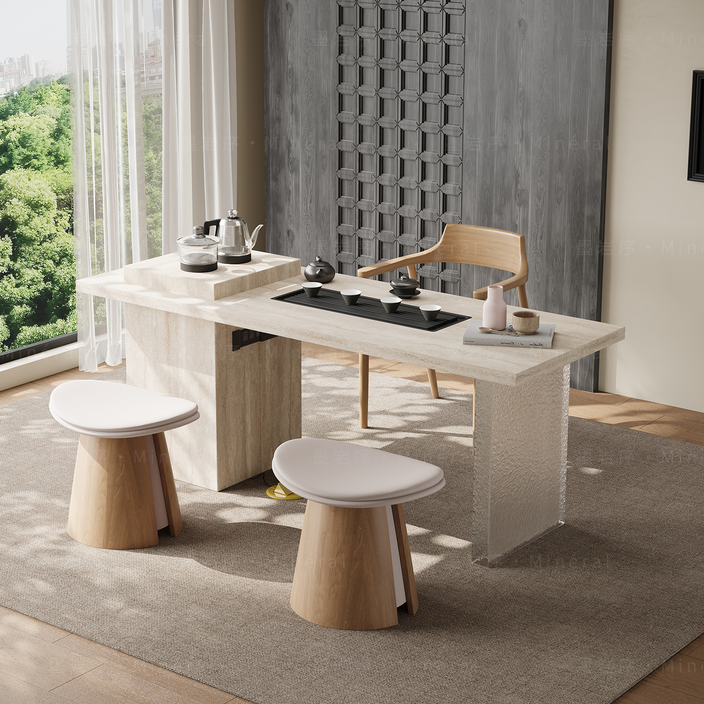 意式茶桌洞石小茶台轻奢极简客厅小型高级感泡茶桌岩板阳台茶桌椅