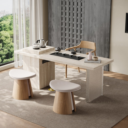 意式茶桌洞石小茶台轻奢极简客厅小型高级感泡茶桌岩板阳台茶桌椅