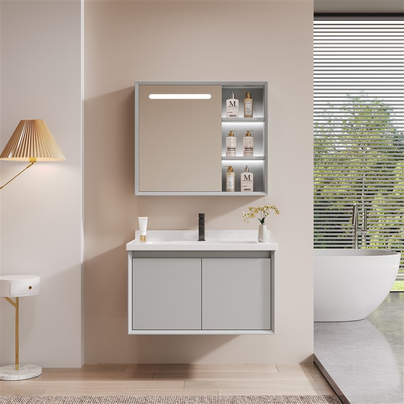 橡木烤漆浴室柜镜柜化妆室挂墙陶瓷一体盆洗漱台洗脸洗手盆柜组合