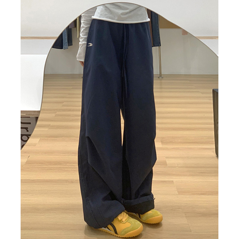 藏青色美式复古工装裤女春夏2025新款小个子阔腿速干降落伞运动裤