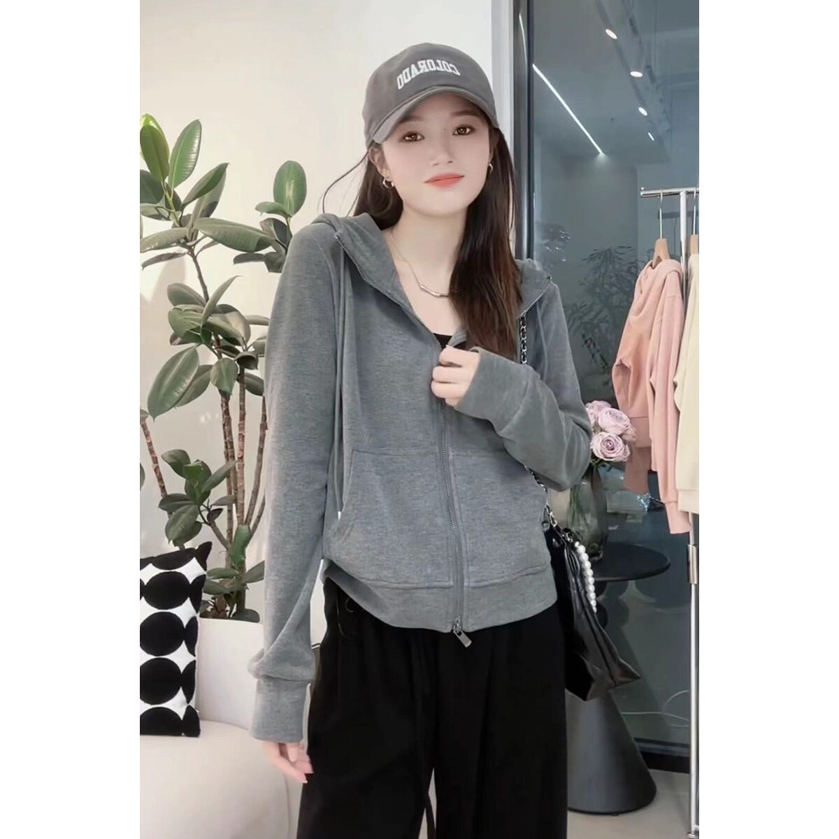 连帽卫衣外套女韩版简约宽松休闲百搭长袖开衫灰色短款慵懒风上衣