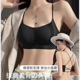 性感美背内衣女薄款 大胸显小聚拢背心式 防走光抹胸挂脖文胸罩夏季