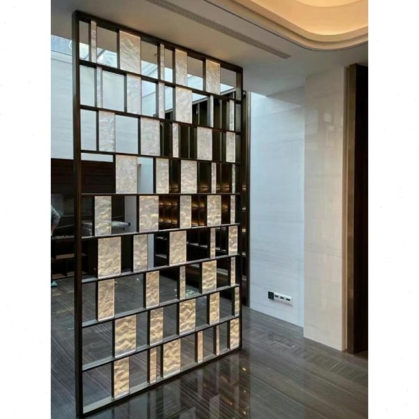 透明玻璃水晶轻奢金属屏风隔断雕花镂空中式屏风隔断装饰钢化玻璃