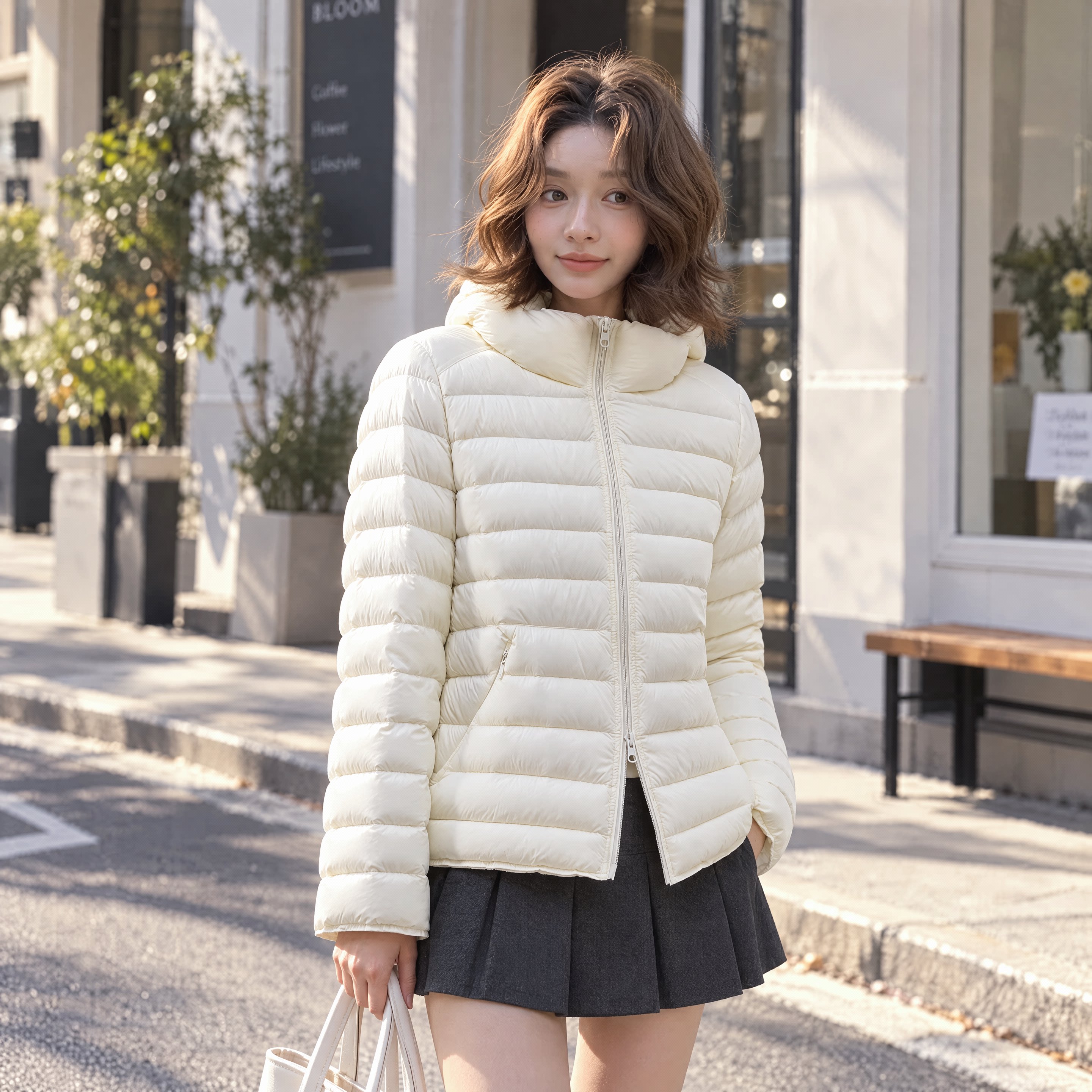 云絮排骨90%白鸭绒连帽羽绒服女