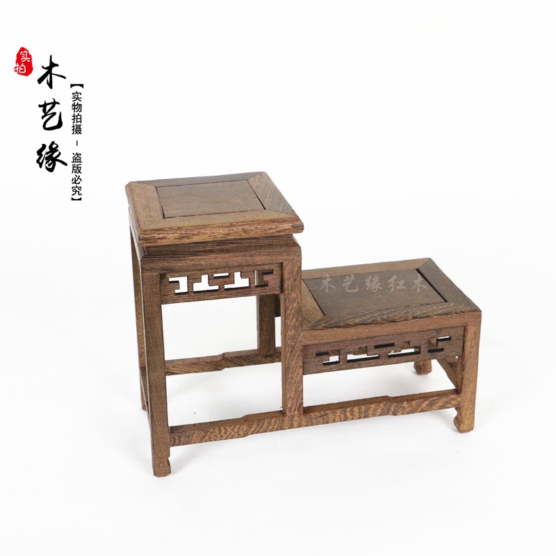 鸡翅木高低雕花微型博古架茶壶花瓶古玩摆件底座红木雕刻底座实木