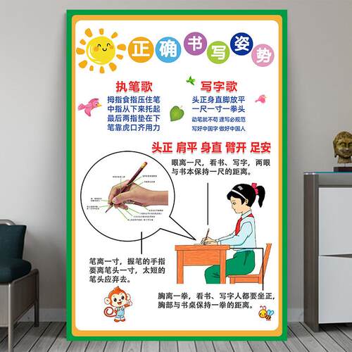 小学生儿童正确握笔写字姿势挂图一年级正确坐姿图幼儿园布置海报