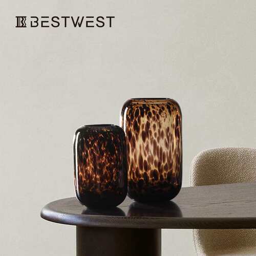 Best west 琥珀色豹纹玻璃花瓶摆件 家居设计师软装饰品水培花器