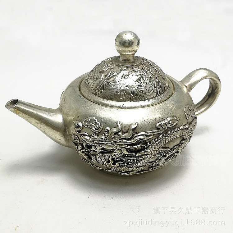 古玩杂项  仿古做旧银器龙凤茶壶  仿古银饰家居办公摆件